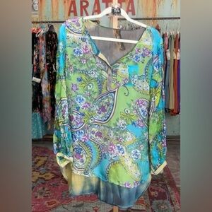Aratta Floral Paisley Tye Dyed V-Neck Blouse - Green and Blue